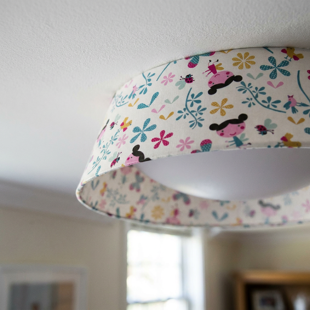 Plafonnier LED Acier Tissu Multicolour | Girl — detail du bord et de la fixation au plafond