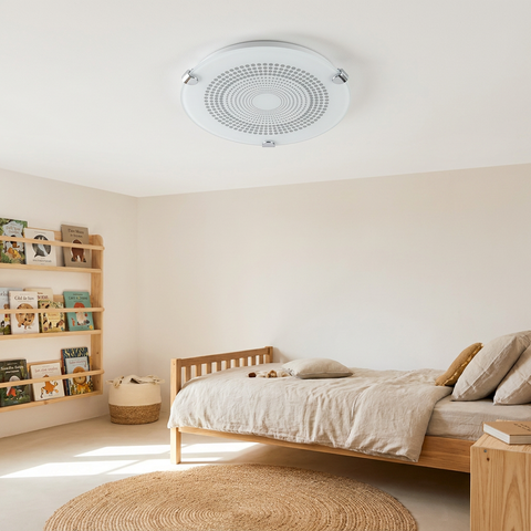 Plafonnier LED Acier Verre Blanc Chromé | Circle — en situation dans une piece, fixe au plafond, eteint