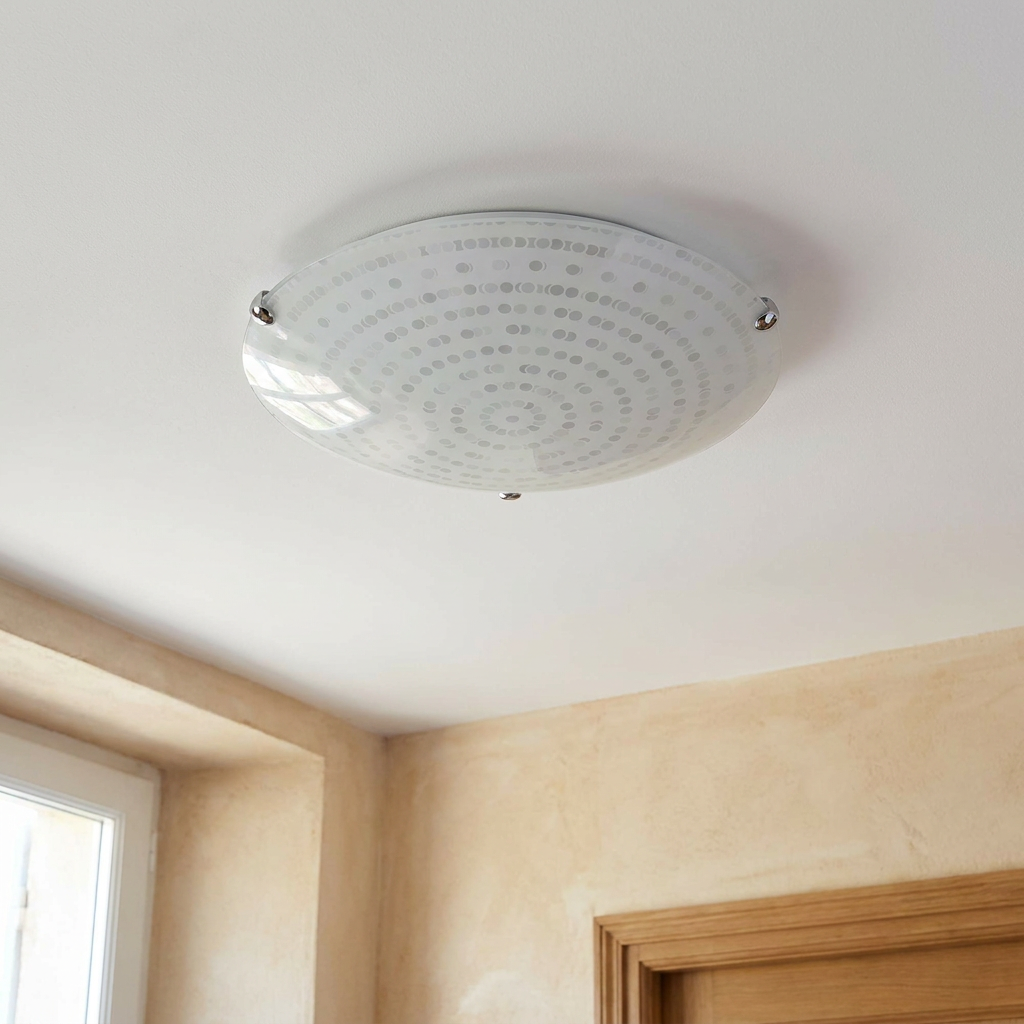 Plafonnier LED Acier Verre Blanc Chromé | Circle — vu de dessous, fixe au plafond, eteint