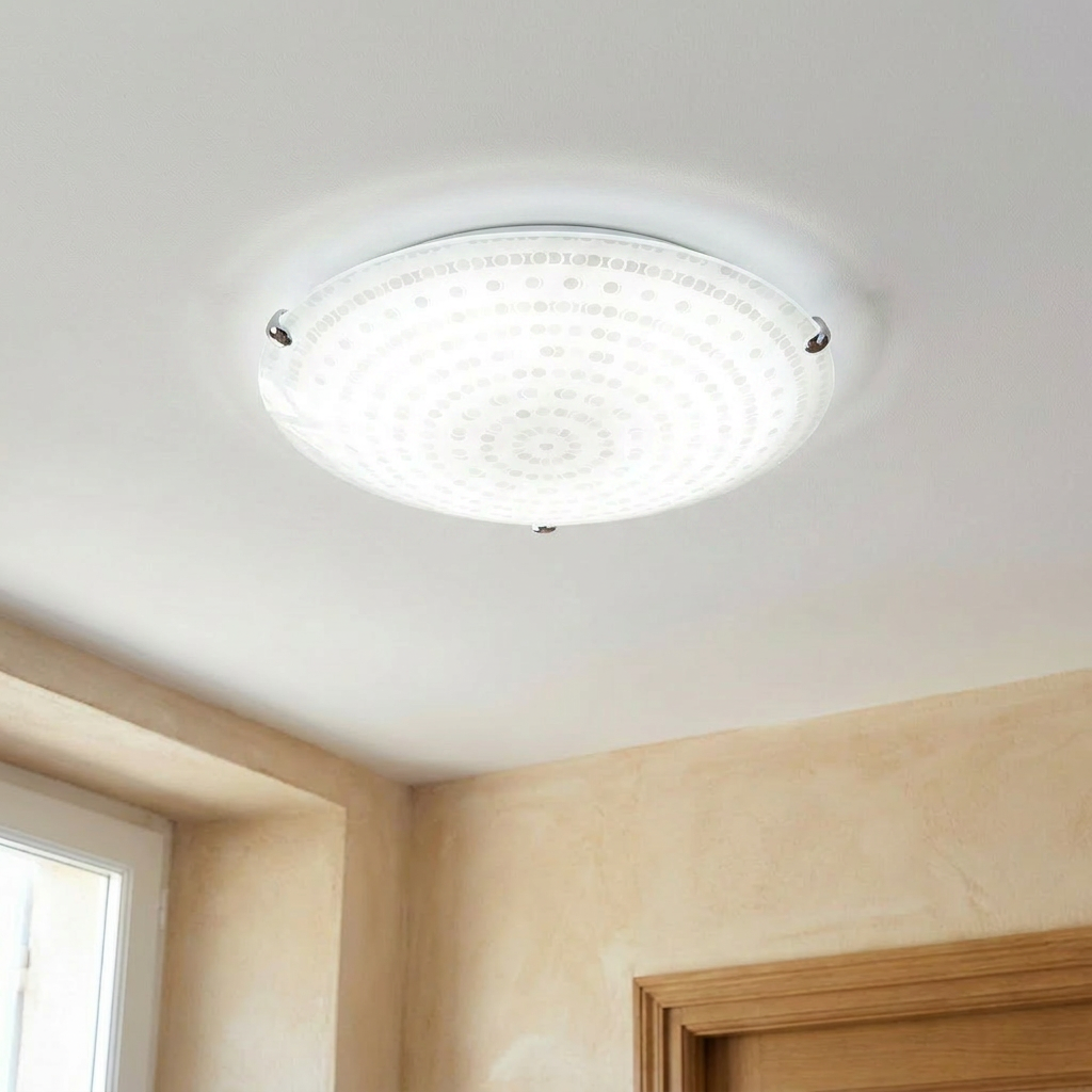 Plafonnier LED Acier Verre Blanc Chromé | Circle — allume au plafond, halo lumineux