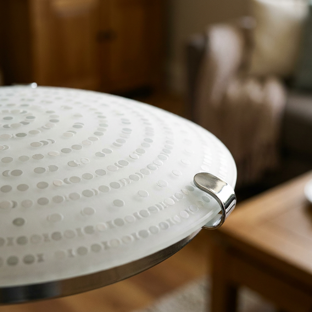 Plafonnier LED Acier Verre Blanc Chromé | Circle — gros plan sur la matiere et la finition