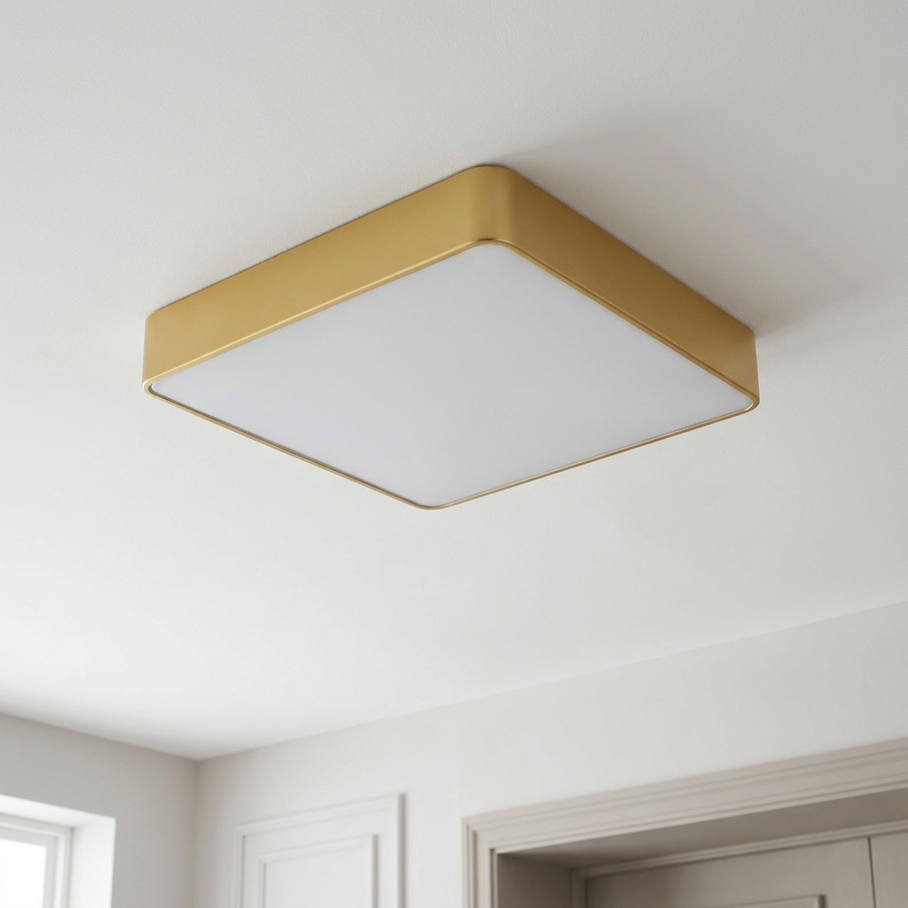 Plafonnier LED Acier Verre Laiton | Quattro — vu de dessous, fixe au plafond, eteint