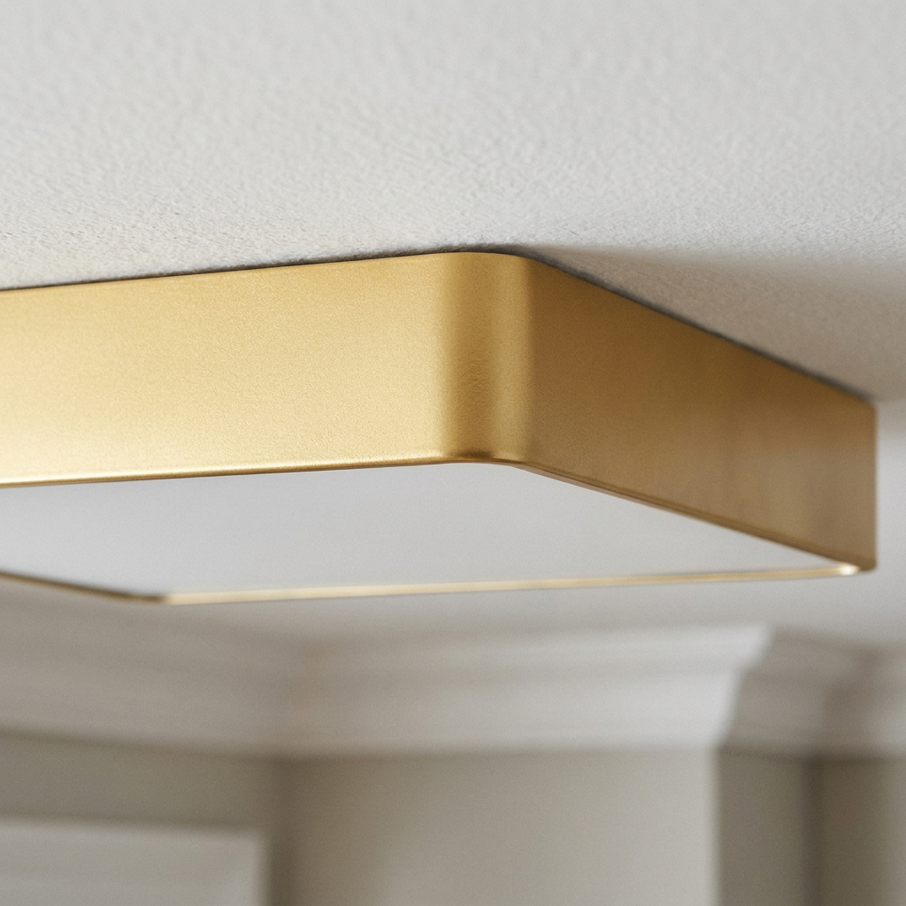 Plafonnier LED Acier Verre Laiton | Quattro — detail du bord et de la fixation au plafond
