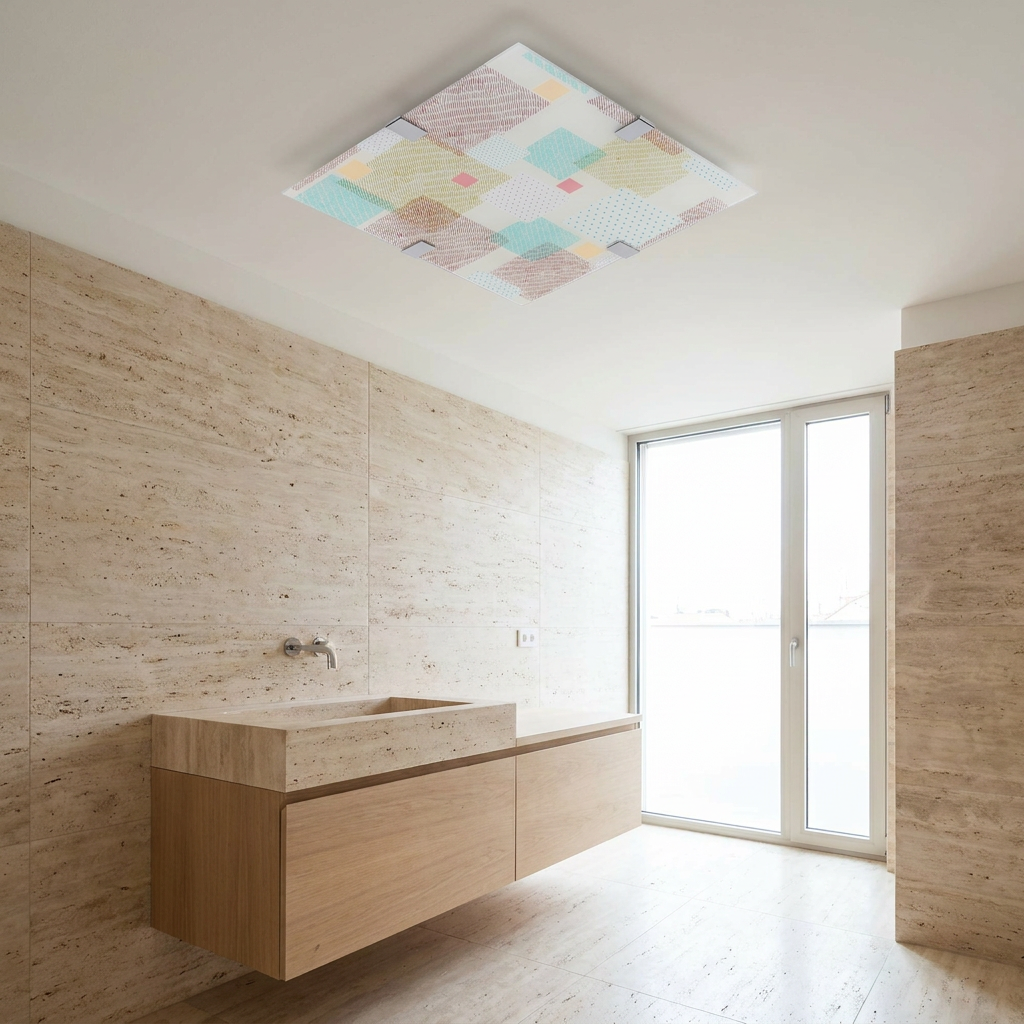 Plafonnier LED Acier Verre Multicolour | Ambiente — en situation dans une piece, fixe au plafond, eteint