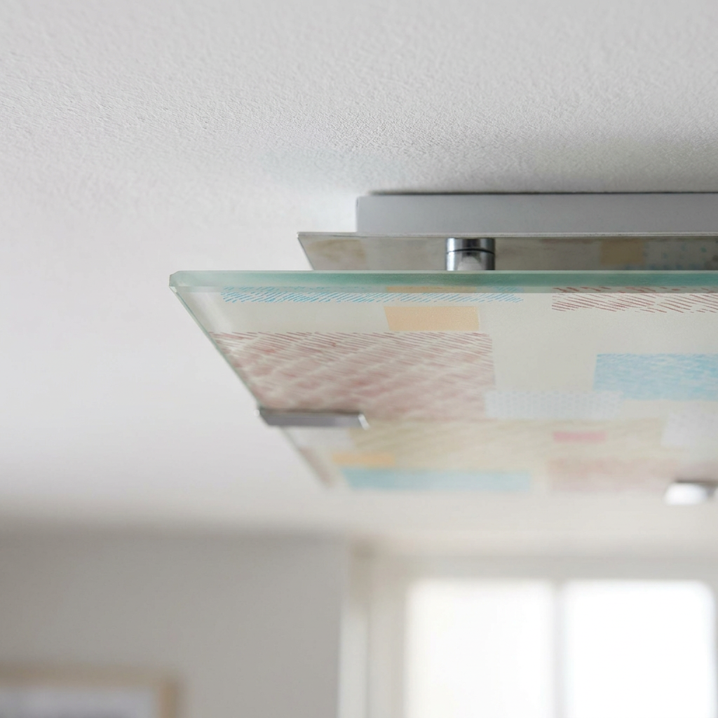 Plafonnier LED Acier Verre Multicolour | Ambiente — detail du bord et de la fixation au plafond