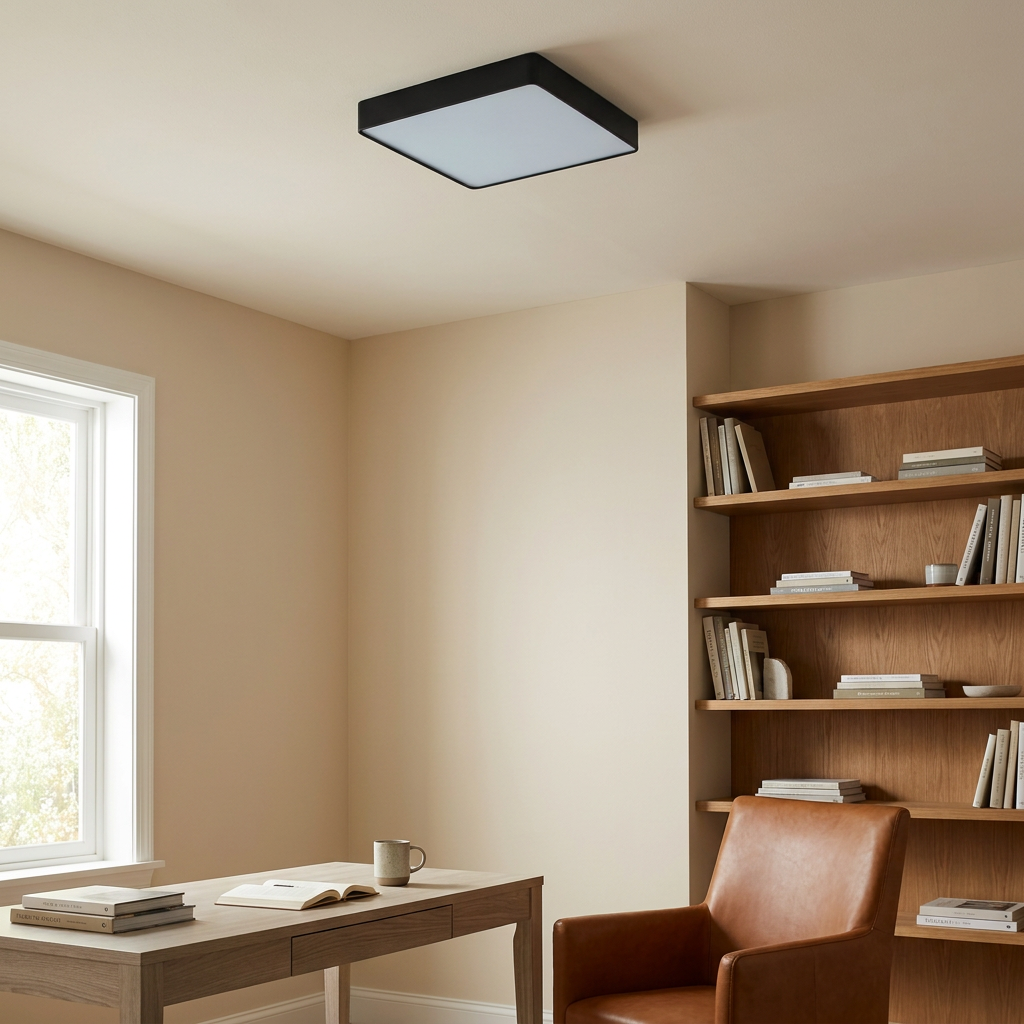 Plafonnier LED Acier Verre Noir | Quattro — en situation dans une piece, fixe au plafond, eteint