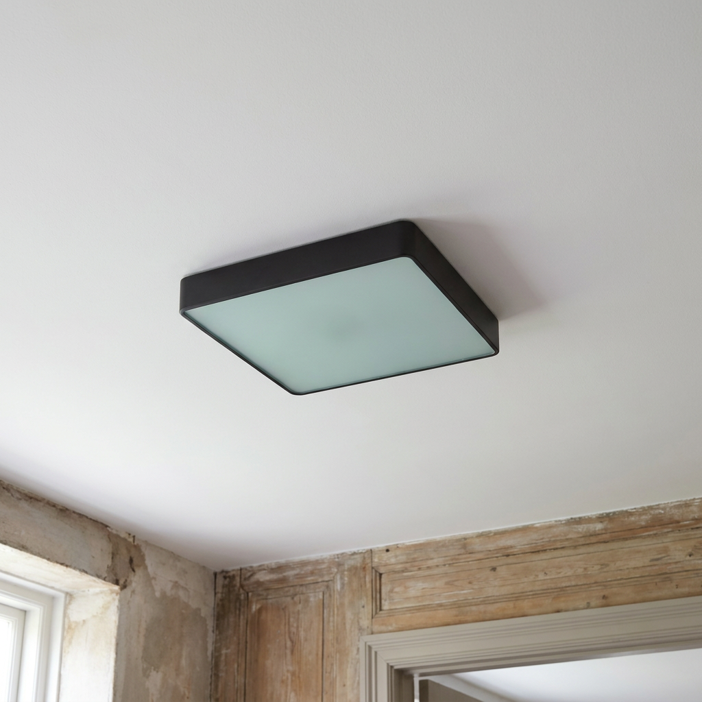 Plafonnier LED Acier Verre Noir | Quattro — vu de dessous, fixe au plafond, eteint