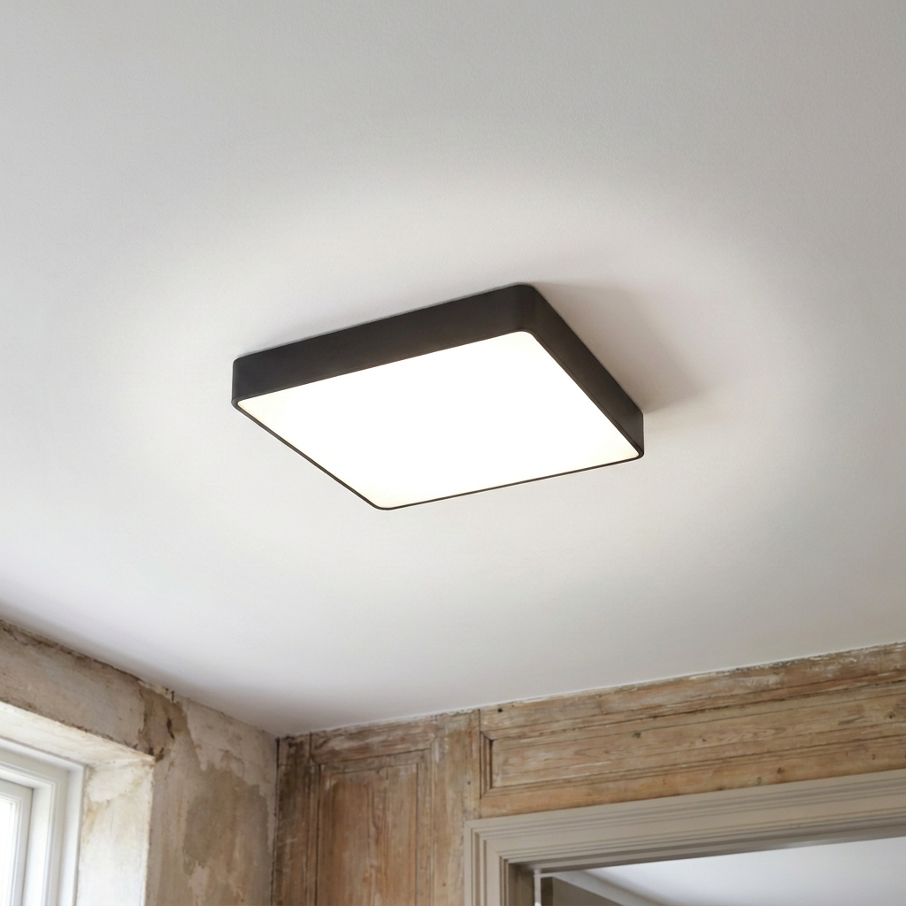 Plafonnier LED Acier Verre Noir | Quattro — allume au plafond, halo lumineux