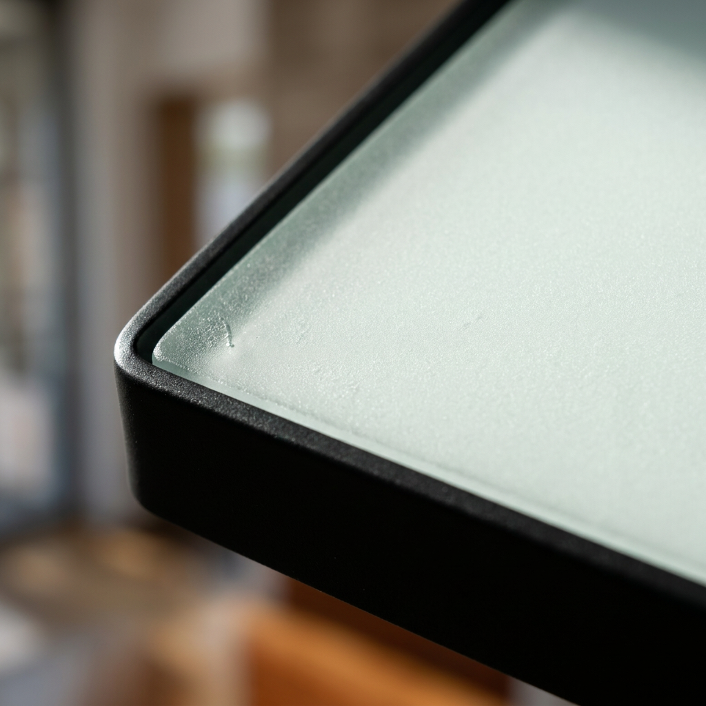 Plafonnier LED Acier Verre Noir | Quattro — gros plan sur la matiere et la finition