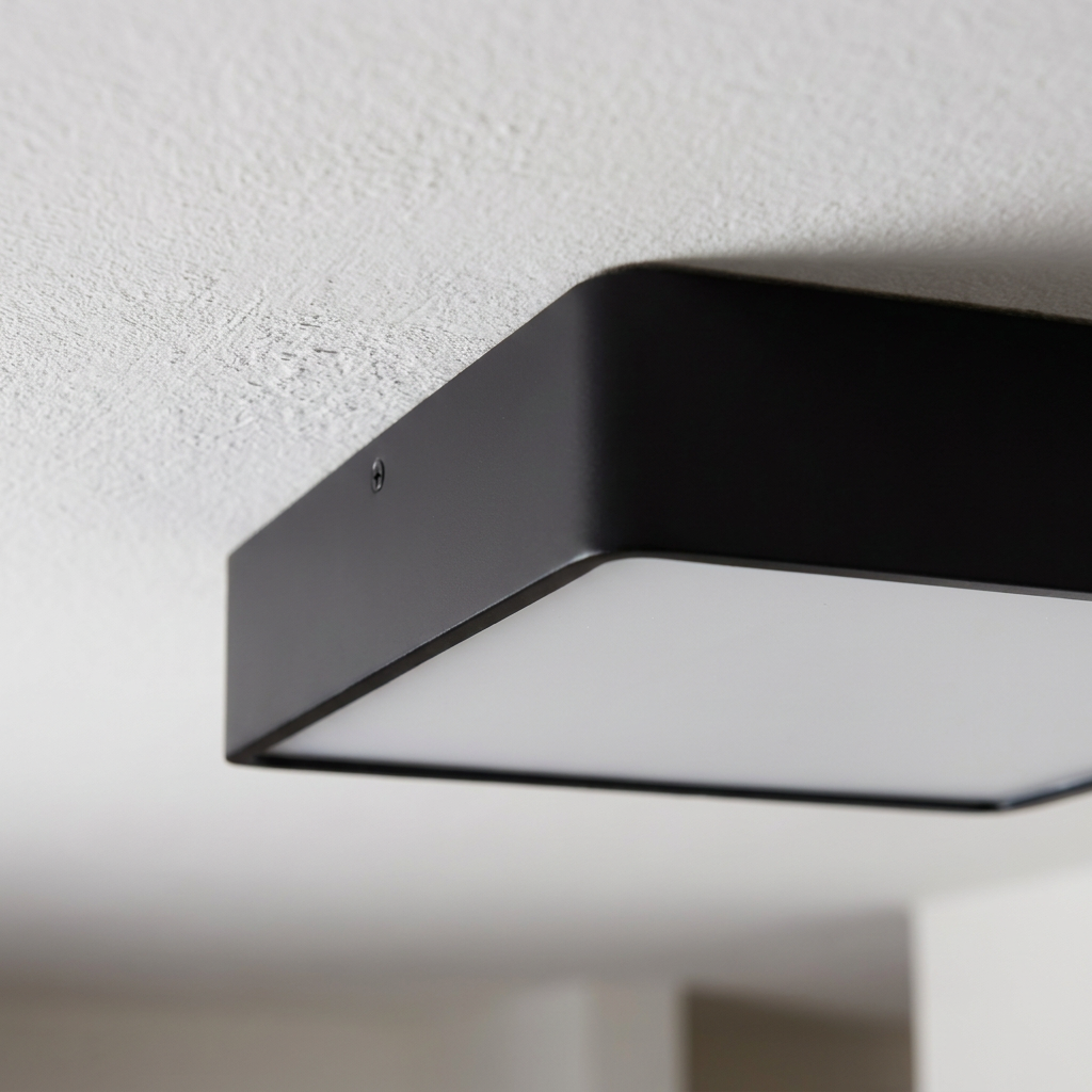 Plafonnier LED Acier Verre Noir | Quattro — detail du bord et de la fixation au plafond