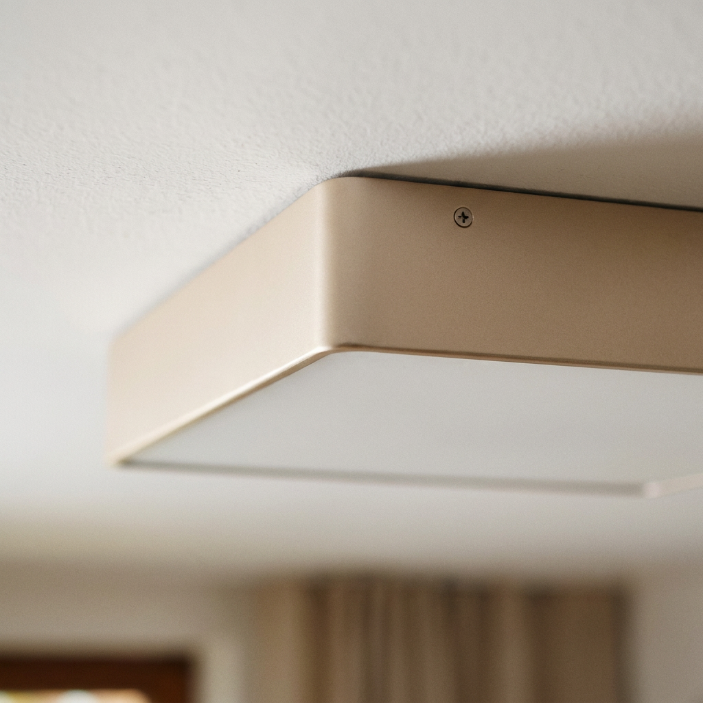 Plafonnier LED Acier Verre Pearl | Quattro — detail du bord et de la fixation au plafond