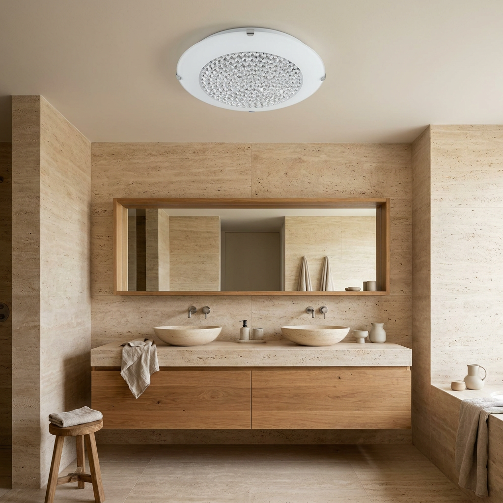 Plafonnier LED Acier Verre | Pristina — en situation dans une piece, fixe au plafond, eteint