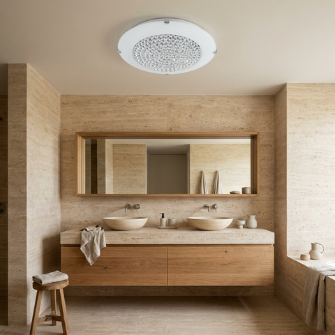 Plafonnier LED Acier Verre | Pristina — en situation dans une piece, fixe au plafond, eteint