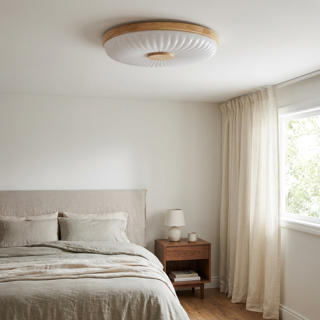 Plafonnier LED Blanc — en situation dans une piece, fixe au plafond, eteint