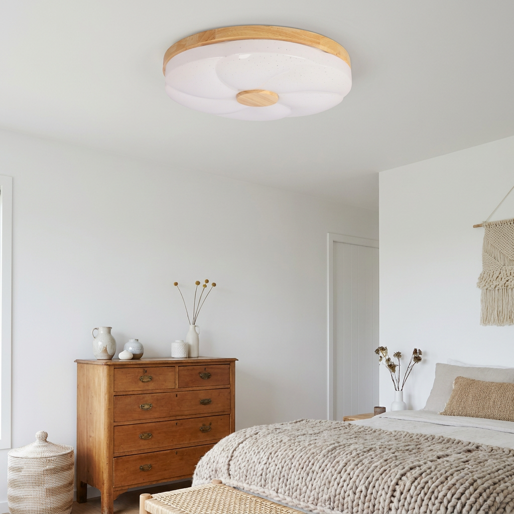 Plafonnier LED Blanc — en situation dans une piece, fixe au plafond, eteint