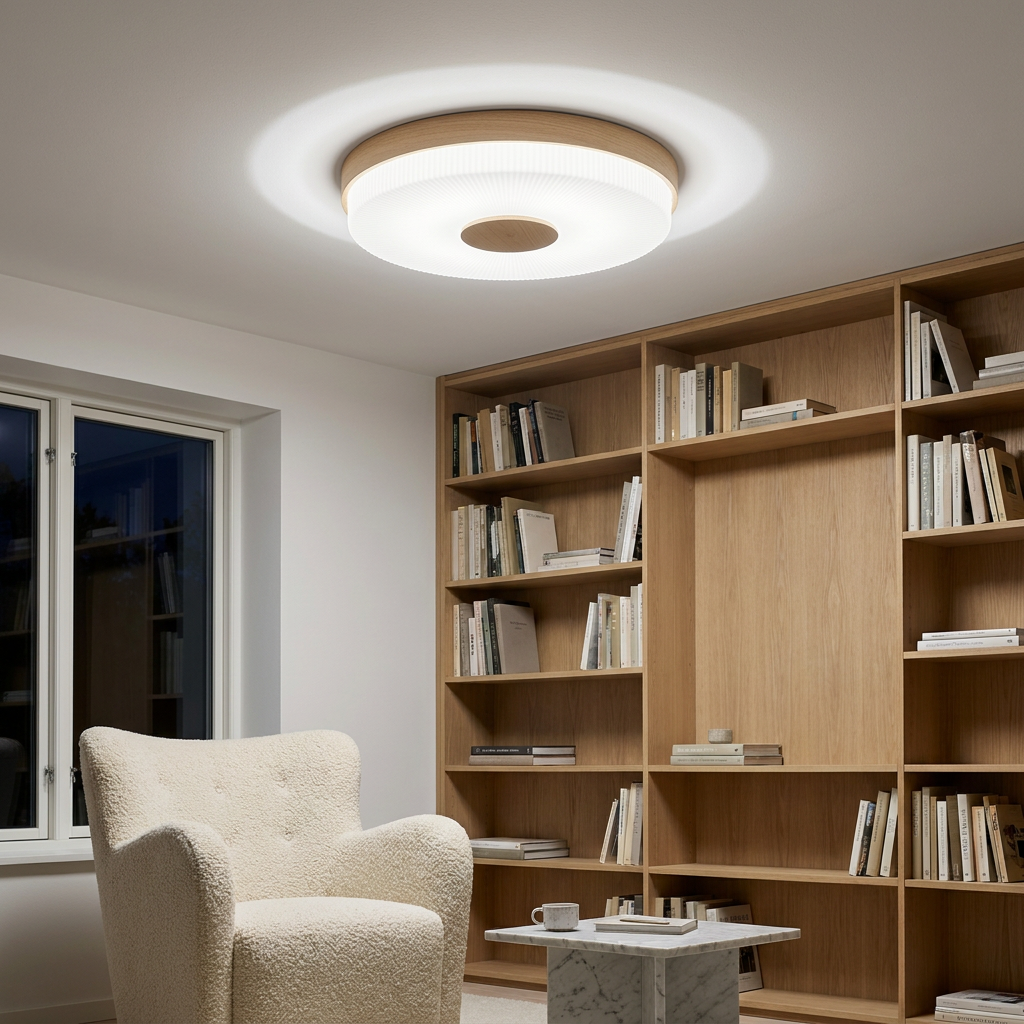 Plafonnier LED Blanc — allume le soir, ambiance chaleureuse, eclairage du plafond