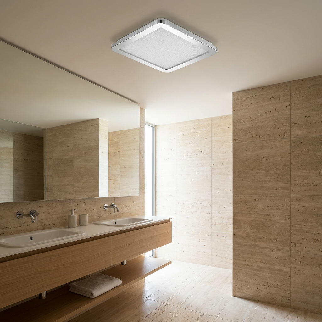 Plafonnier LED Composite Chromé | Nexit — en situation dans une piece, fixe au plafond, eteint