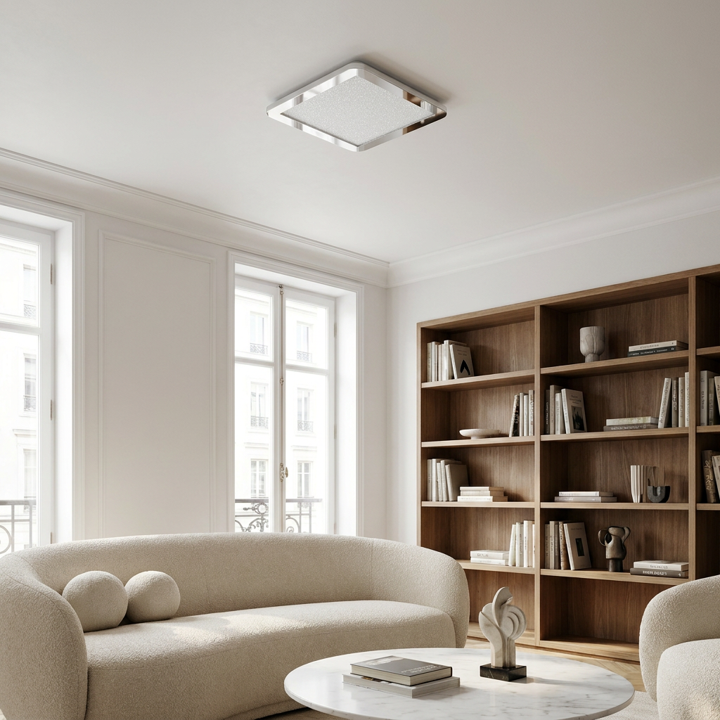 Plafonnier LED Composite Chromé | Nexit — en situation dans une piece, fixe au plafond, eteint
