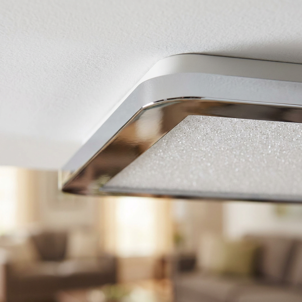 Plafonnier LED Composite Chromé | Nexit — detail du bord et de la fixation au plafond