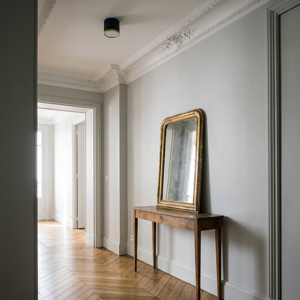 Plafonnier LED Composite Noir Doré | Tuba — en situation dans une piece, fixe au plafond, eteint