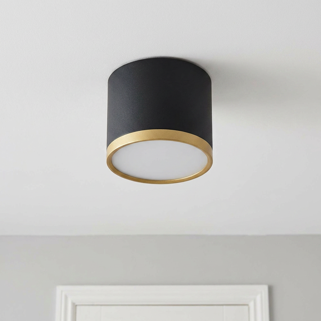 Plafonnier LED Composite Noir Doré | Tuba — vu de dessous, fixe au plafond, eteint
