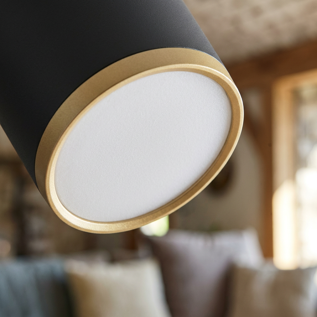 Plafonnier LED Composite Noir Doré | Tuba — gros plan sur la matiere et la finition