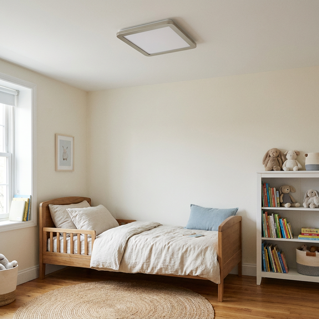 Plafonnier LED Composite Satiné | Nexit — en situation dans une piece, fixe au plafond, eteint