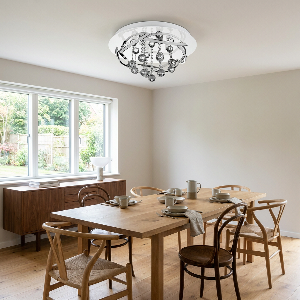 Plafonnier LED Métal Composite Chromé | Korfu — en situation dans une piece, fixe au plafond, eteint