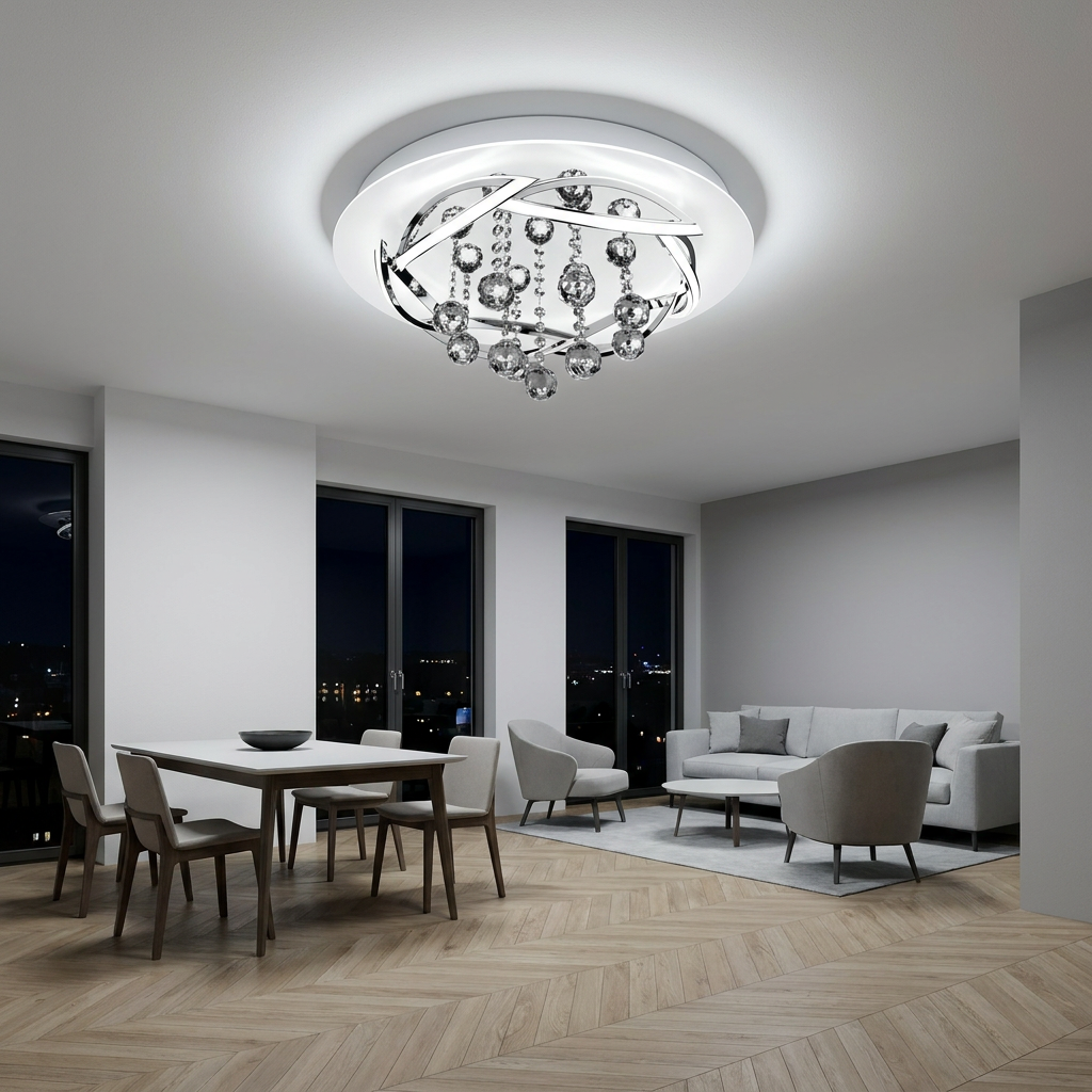 Plafonnier LED Métal Composite Chromé | Korfu — allume le soir, ambiance chaleureuse, eclairage du plafond