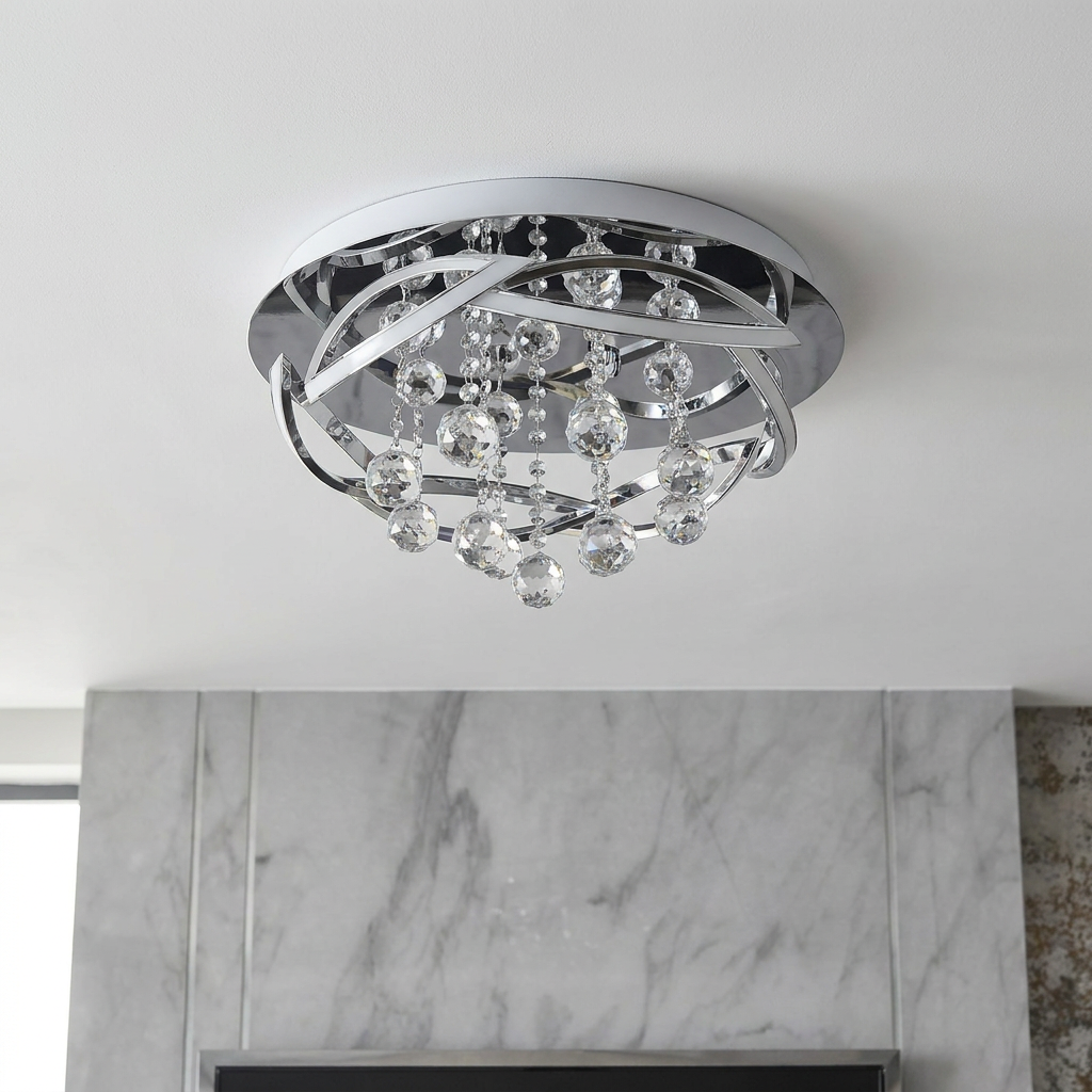 Plafonnier LED Métal Composite Chromé | Korfu — vu de dessous, fixe au plafond, eteint