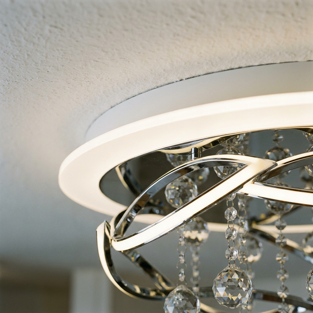 Plafonnier LED Métal Composite Chromé | Korfu — detail du bord et de la fixation au plafond