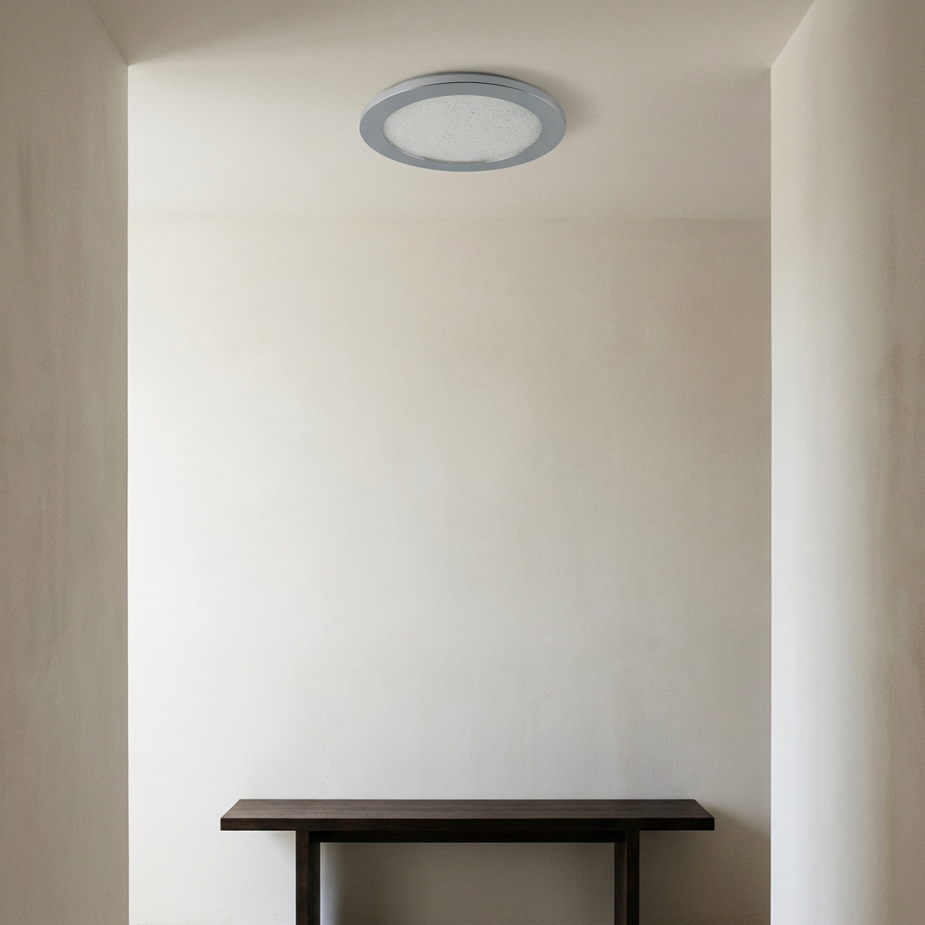 Plafonnier LED Métal Composite Chromé | Pixel — en situation dans une piece, fixe au plafond, eteint
