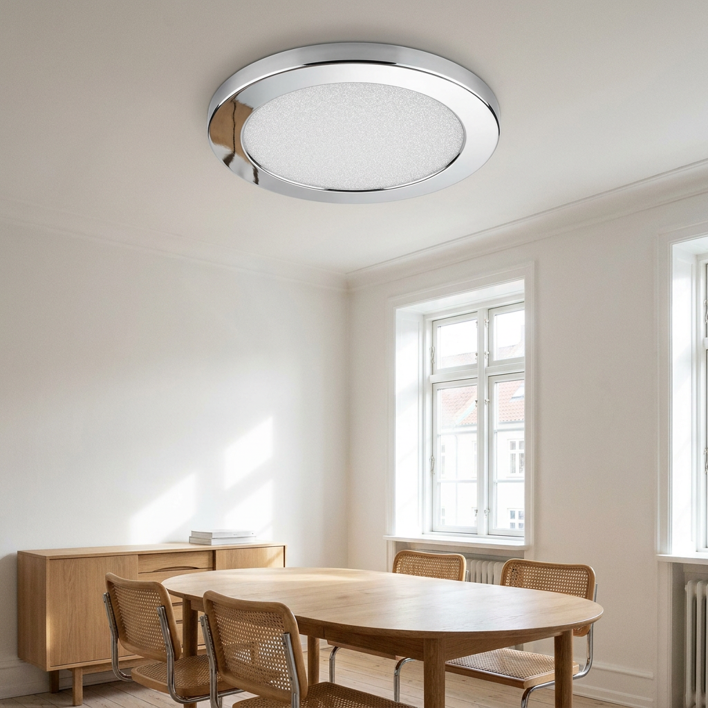 Plafonnier LED Métal Composite Chromé | Pixel — en situation dans une piece, fixe au plafond, eteint