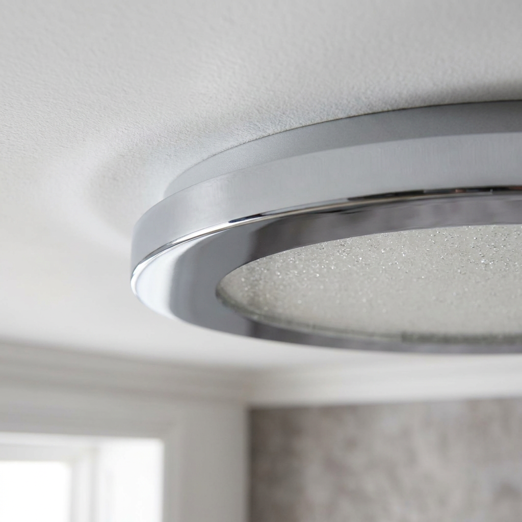 Plafonnier LED Métal Composite Chromé | Pixel — detail du bord et de la fixation au plafond