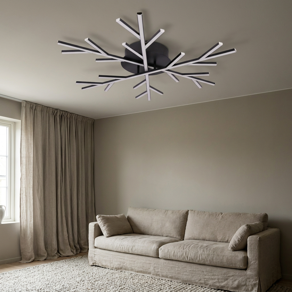 Plafonnier LED Métal Composite Noir | Samos — en situation dans une piece, fixe au plafond, eteint