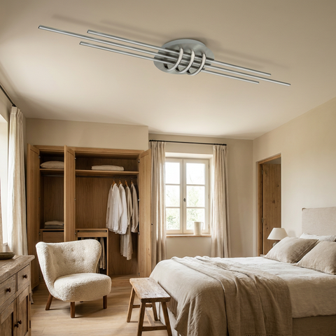 Plafonnier LED Métal Composite Satiné Nickel | Naksos — en situation dans une piece, fixe au plafond, eteint