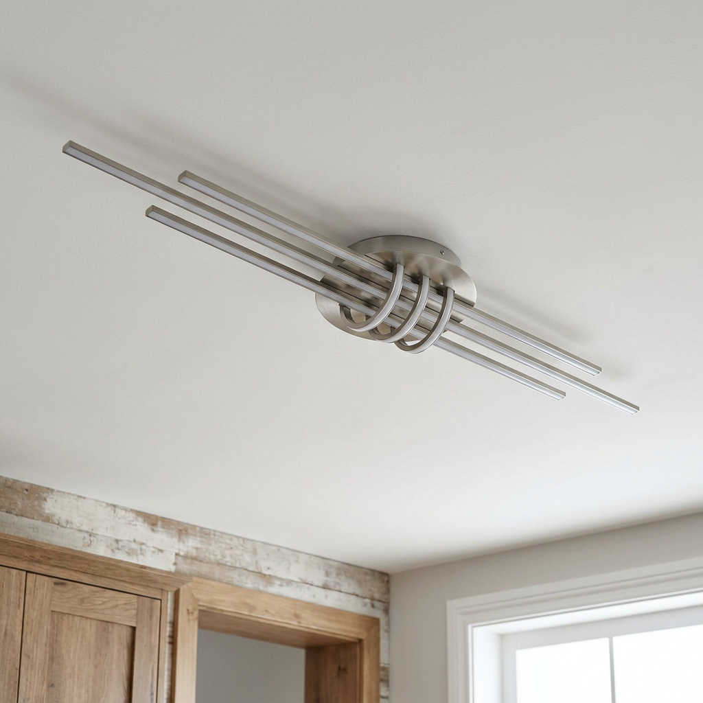 Plafonnier LED Métal Composite Satiné Nickel | Naksos — vu de dessous, fixe au plafond, eteint