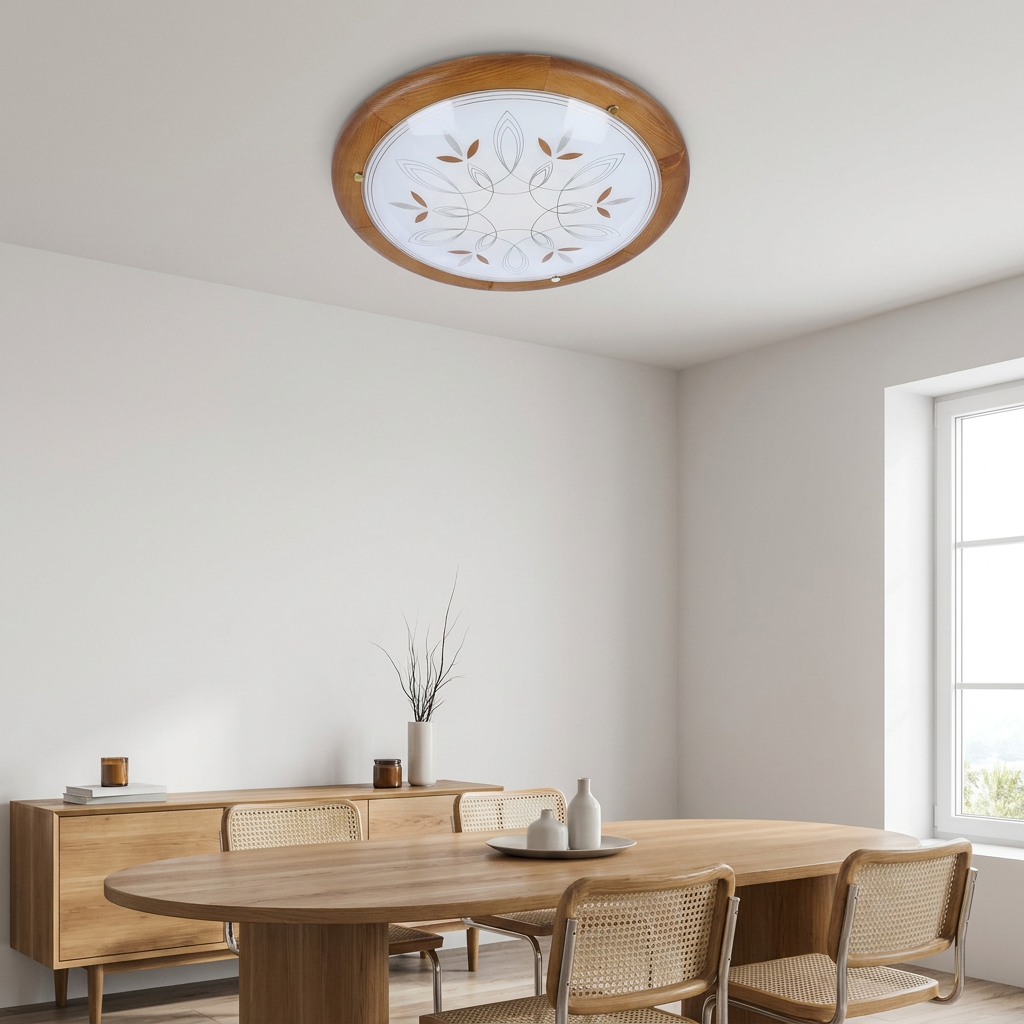 Plafonnier Métal Verre Bois Chêne | Rustica — en situation dans une piece, fixe au plafond, eteint