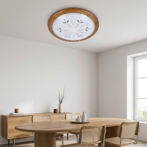 Plafonnier Métal Verre Bois Chêne | Rustica — en situation dans une piece, fixe au plafond, eteint