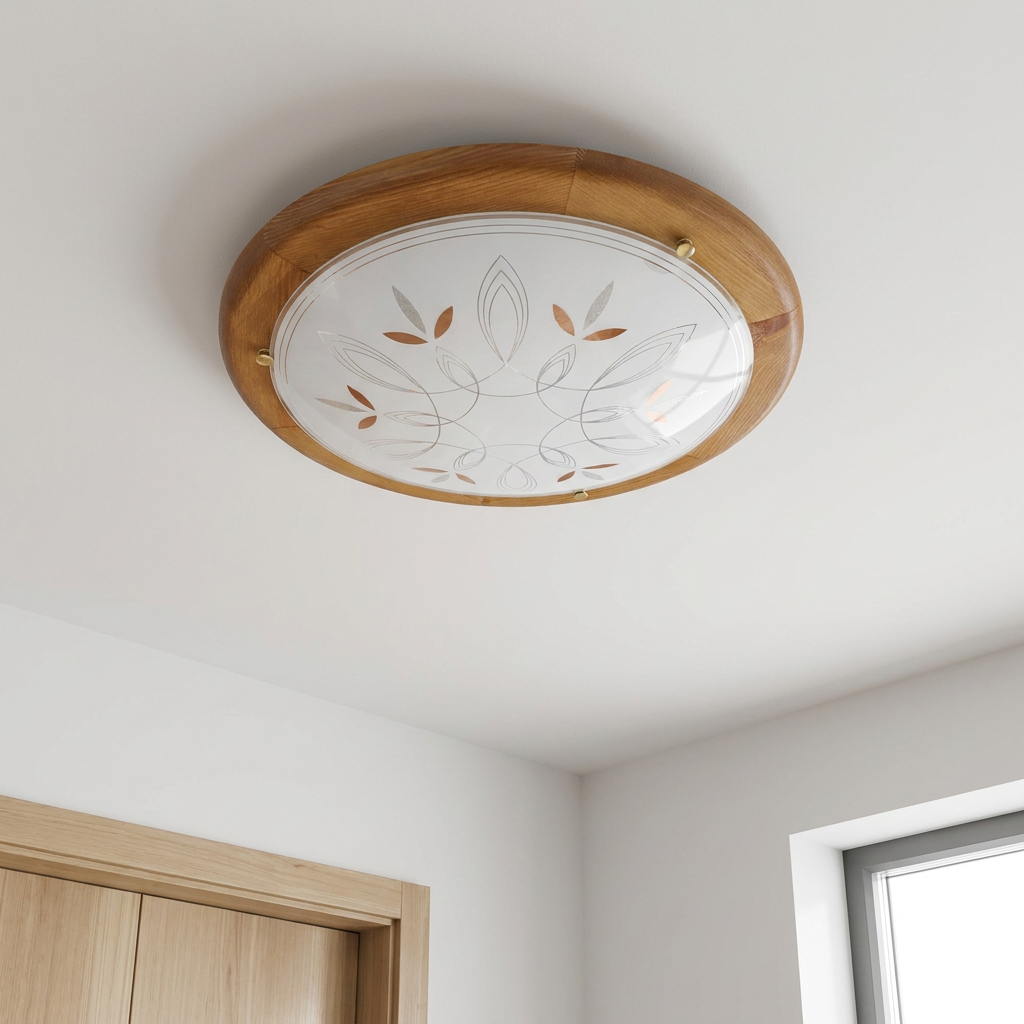Plafonnier Métal Verre Bois Chêne | Rustica — vu de dessous, fixe au plafond, eteint