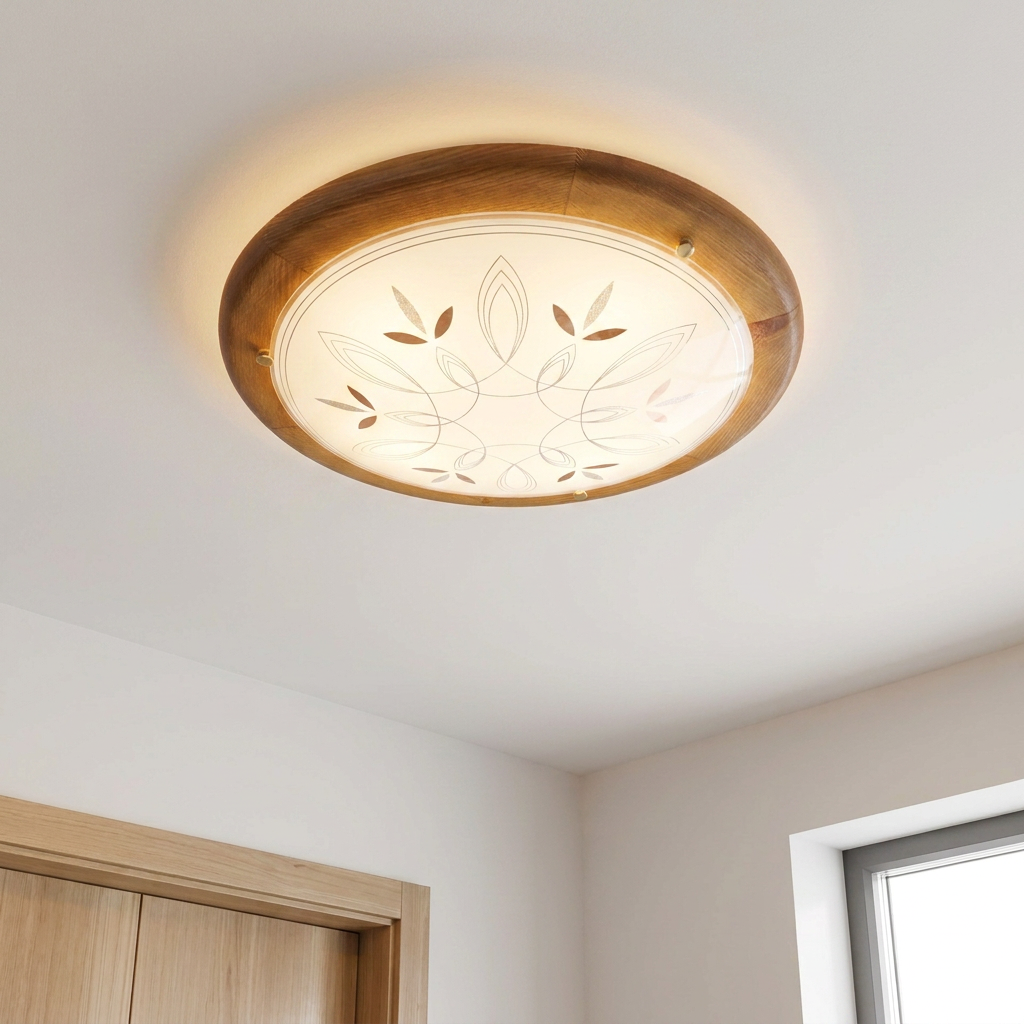 Plafonnier Métal Verre Bois Chêne | Rustica — allume au plafond, halo lumineux