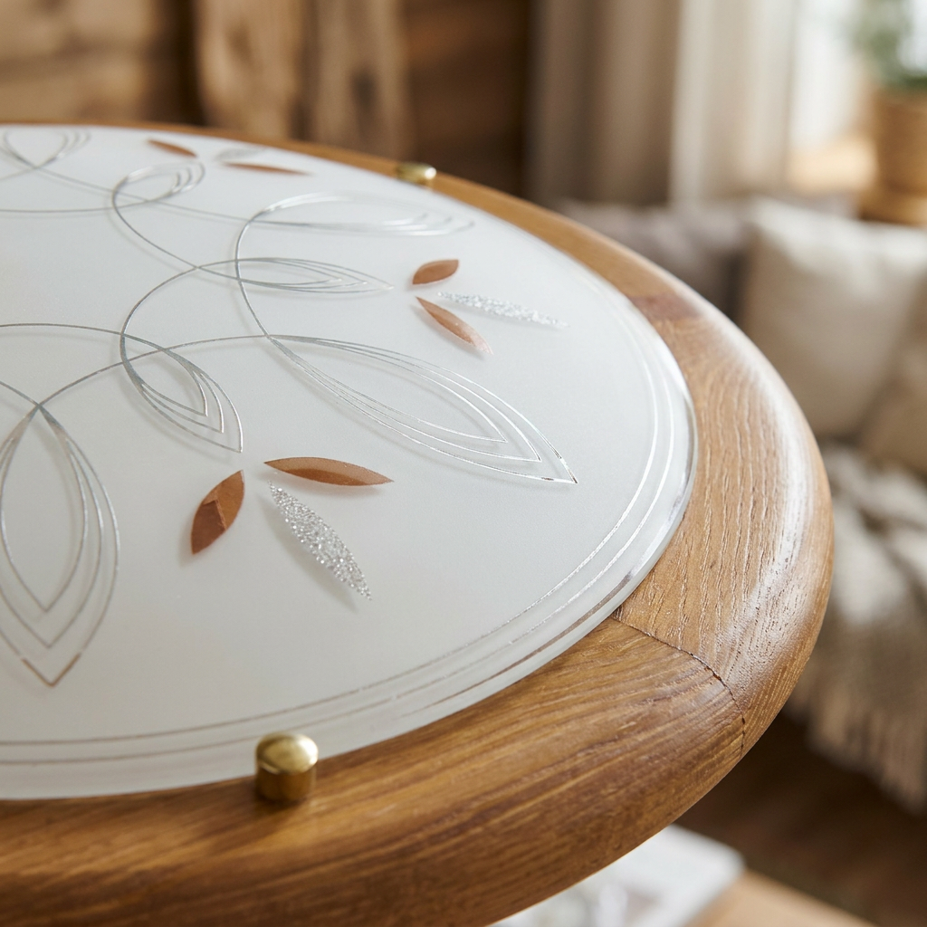 Plafonnier Métal Verre Bois Chêne | Rustica — gros plan sur la matiere et la finition