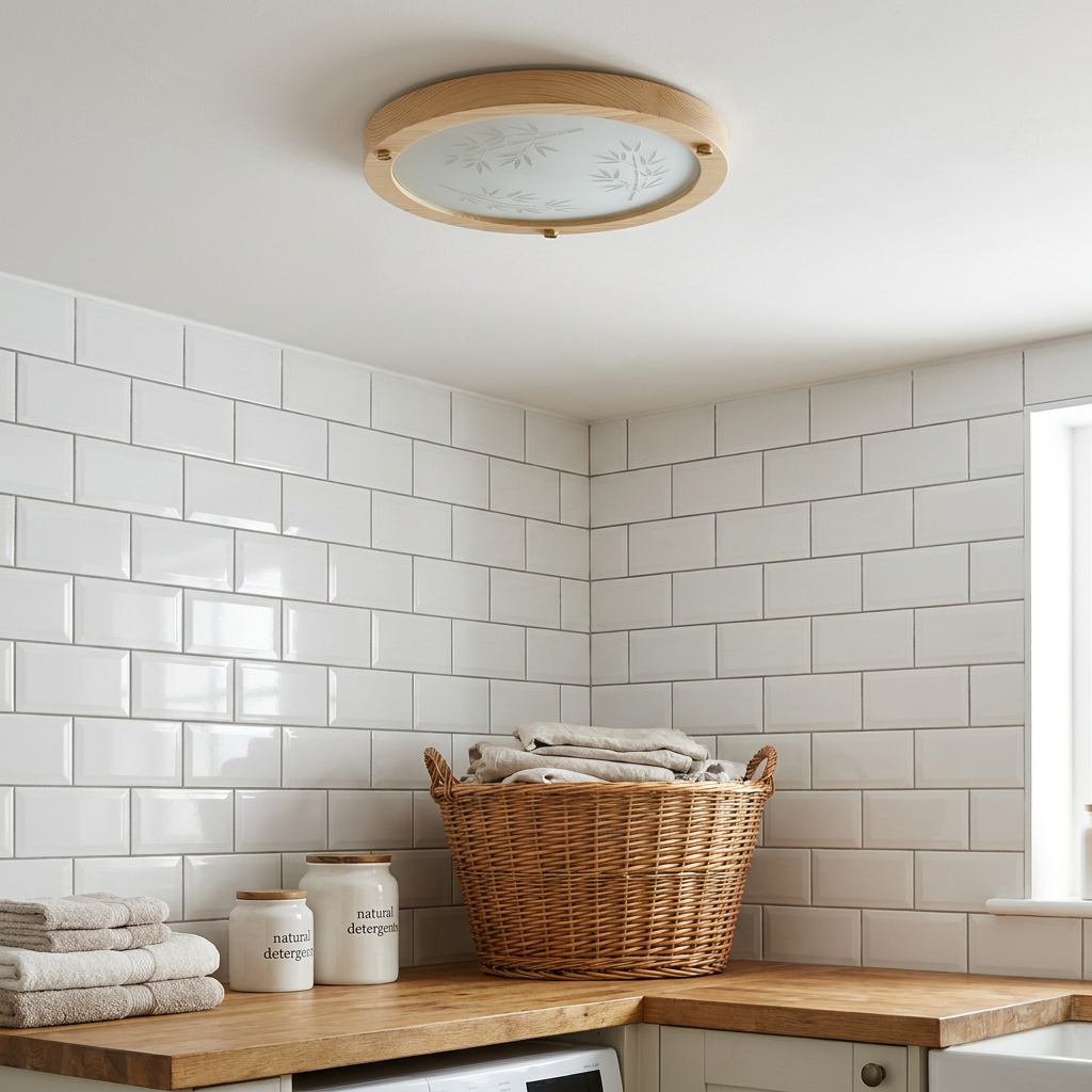 Plafonnier Métal Verre Bois Pin | Bamboo — en situation dans une piece, fixe au plafond, eteint