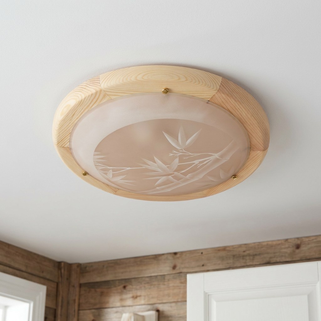Plafonnier Métal Verre Bois Pin | Bamboo — vu de dessous, fixe au plafond, eteint