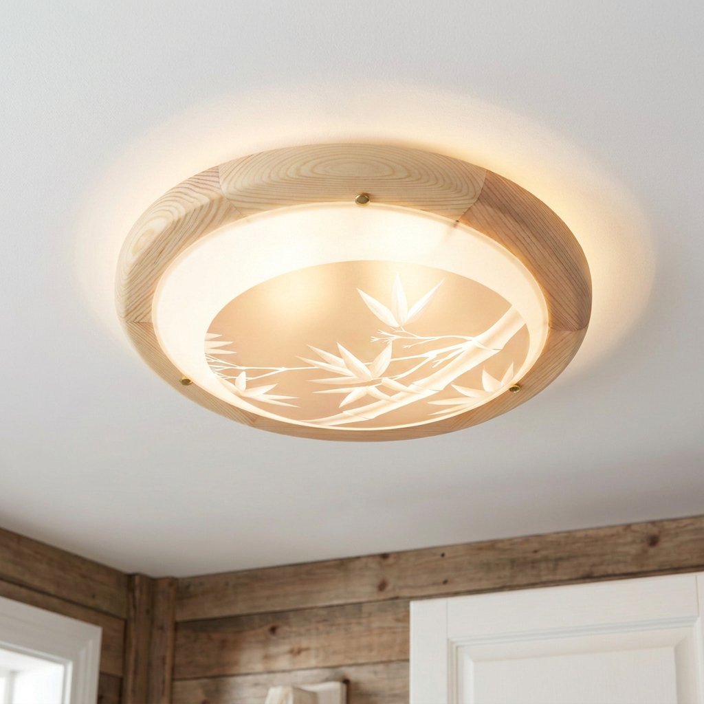 Plafonnier Métal Verre Bois Pin | Bamboo — allume au plafond, halo lumineux