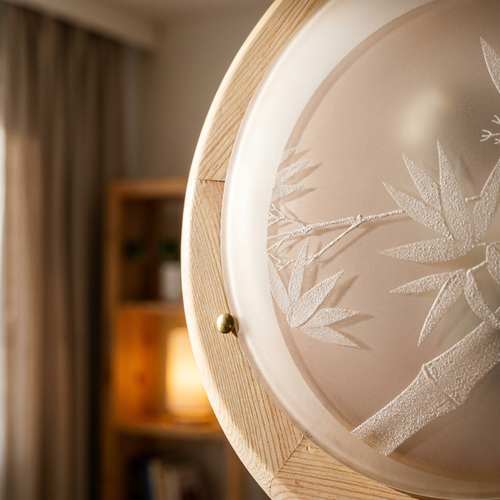 Plafonnier Métal Verre Bois Pin | Bamboo — gros plan sur la matiere et la finition