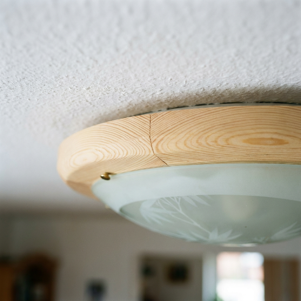 Plafonnier Métal Verre Bois Pin | Bamboo — detail du bord et de la fixation au plafond