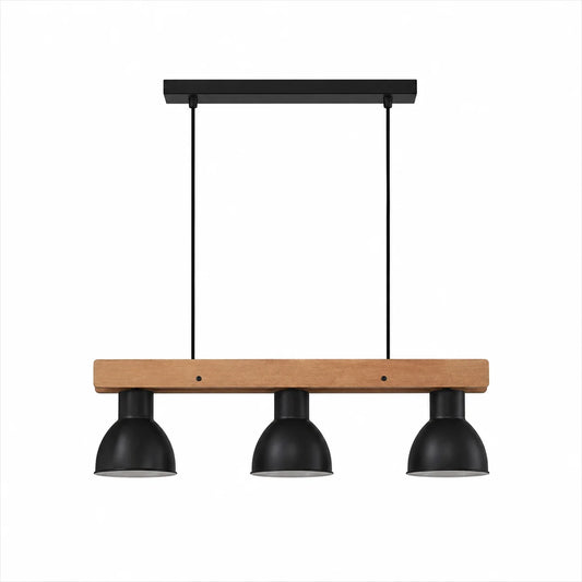 Suspension 3 Abat-Jours Métal Noir Barre Bois | Timber