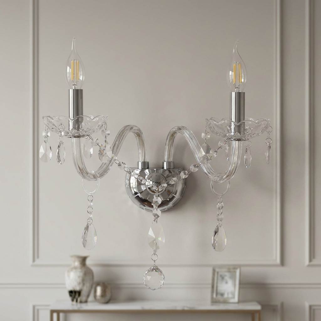 Applique murale Lustre cristal 2 lampes, éteinte sur un mur clair
