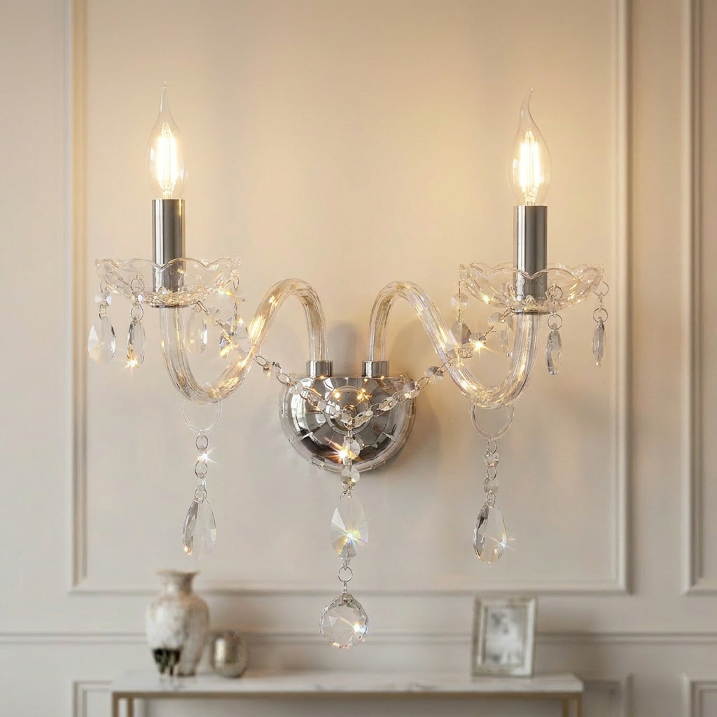 Applique murale Lustre cristal 2 lampes allumée, lueur chaude sur le mur